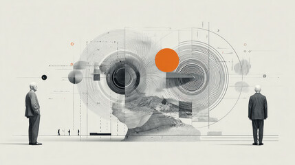 Abstract composition featuring a fragmented head silhouette between two business figures, geometric patterns, circles, and subtle orange accents, evoking technology and connection.