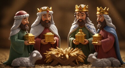Three Kings Bearing Gifts: A Nativity Scene Depicting the Wise Men's Journey to Bethlehem with precious offerings.