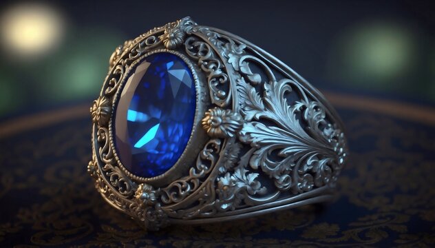A regal and exquisitely crafted silver ring with a mesmerizing blue sapphire gemstone, an emblem of timeless elegance.