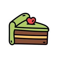 Slice of chocolate cake with green frosting and a red heart topping isolated on a white background