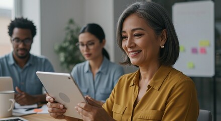 Focused professionals collaborate on projects using technology in a modern office, promoting teamwork and innovation.