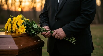 Mourner with yellow flowers next to a casket, set against a sunset background, conveying sympathy and respect.