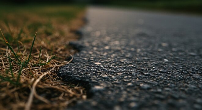 A close-up capturing the contrast between rough asphalt and dry grass, creating a textured and minimalist composition of urban nature.