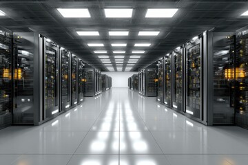 Fototapeta premium A data center with rows of servers and bright lights overhead. Use to visualize cloud computing or big data concepts.