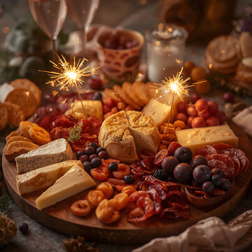 Festive Charcuterie Board: A delectable assortment of artisanal cheeses, cured meats, fresh fruits, and crackers arranged artfully on a wooden board, perfect for a holiday gathering.