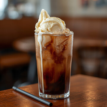 Ice Cream Soda Delight: a refreshing ice cream soda sits gracefully on a wooden table, with a straw. The frothy.