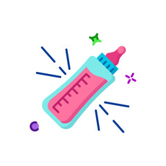 Pink Baby Bottle With Pink Nipple And Clear Liquid With Blue Lines And Green Stars Sparkle Isolated On White Background With Transparent Background