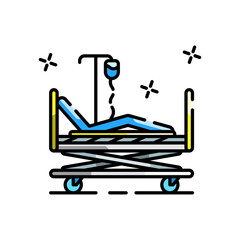 Patient Lying on Hospital Bed with IV Drip and Sparkle Accents on Transparent Background