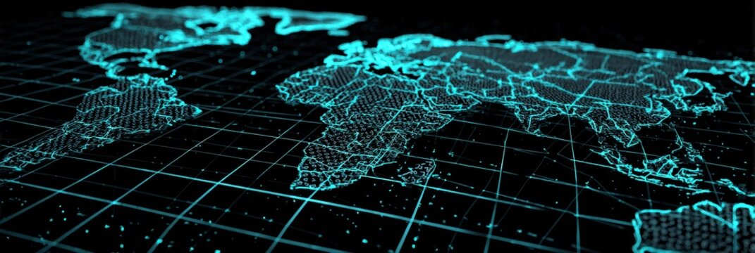 Digital Map Visualization Showing Global Continents and Oceans With Neon Grid Overlay in a Dark Setting