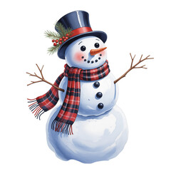 Cheerful Snowman with Top Hat, Plaid Scarf, and Stick Arms: Classic Winter Holiday Character on White Background with Festive Details