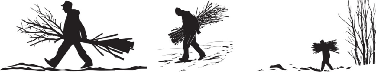 Stock image of people carrying firewood in winter snow landscape illustration