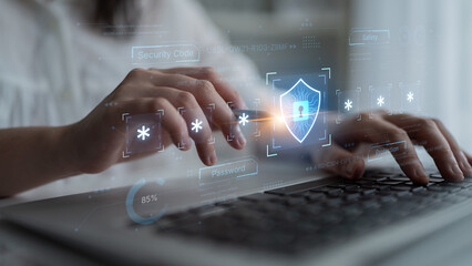 A concept of an advanced cybersecurity system. The futuristic interface shows a multi-factor authentication process using a secure password or PIN for enhanced data protection. Fermion