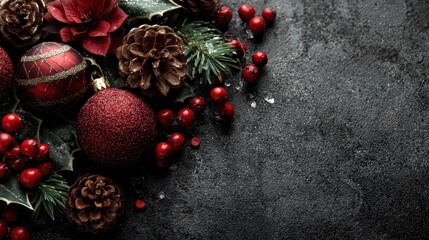 Red Christmas ornaments, berries, and pine cones rest on a dark surface. Use this stylish image for holiday greeting cards and other festive projects.