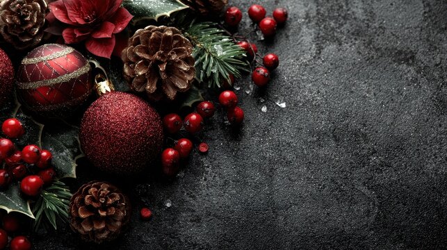 Red Christmas ornaments, berries, and pine cones rest on a dark surface. Use this stylish image for holiday greeting cards and other festive projects.