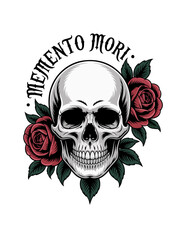 Tattoo-Style Skull with Red Roses and “Memento Mori” Text – Gothic Vector Illustration