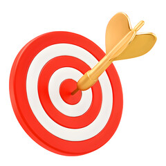Golden dart hitting bullseye on red and white target isolated on transparent background