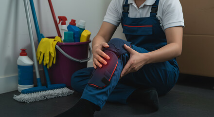 Workplace injury: Cleaner experiencing knee pain with highlighted injury, surrounded by cleaning supplies, emphasizing occupational safety.