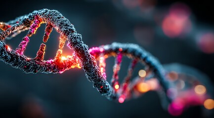 Close up of a DNA strand with a red and blue color. The strand is twisted and has a pinkish hue