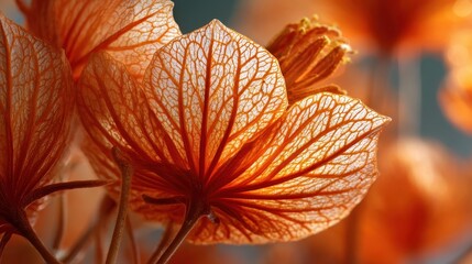 Fototapeta premium Close up of translucent orange Chinese lantern plant with visible veins. Use this warm image to convey fragility, autumn, or delicate beauty.