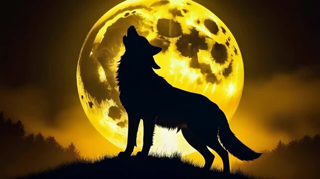 Cartoon silhouette of wolve howling at a large full yellow moon in a dark night sky with spooky atmosphere. Concept of Halloween decoration, wildlife art. 