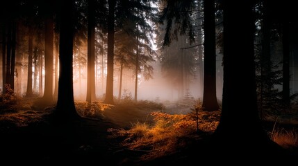 Fototapeta premium Forest with trees in the foreground and background. The trees are tall and dark, and the sky is orange
