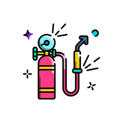 Pink Compressed Gas Tank with Pressure Gauge and Hose Attachment Emitting Sparks and Bubbles on White Background with Abstract Stars