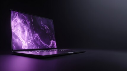 Purple laptop with a purple background. The laptop is open and the screen is on
