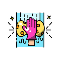 Pink gloved hand holding a yellow sponge cleaning a blue surface with sparkling effects
