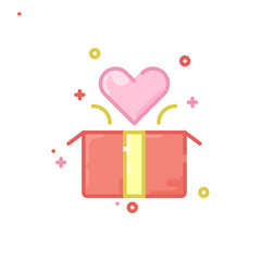 Pink Heart Icon Emerging From Open Red Gift Box Surrounded By Sparkles And Confetti On A White Background