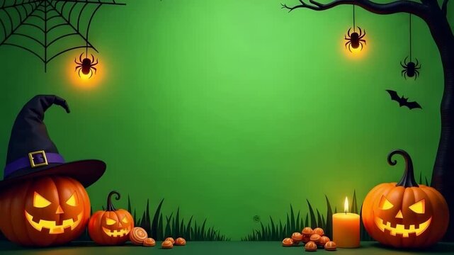 Halloween green background decorated with pumpkins, candles, cobwebs, and bats with ample empty copy space for text. Concept of Halloween decoration, festive design, creative industry.