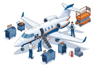 Aircraft hangar maintenance and inspection with engineers and airplane tools isometric illustration
