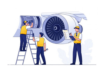 Aircraft engine maintenance team checking airplane turbine vector illustration
