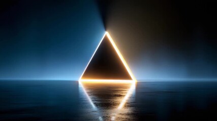 A glowing triangular portal with shifting neon light. Abstract futuristic animation with reflections on a wet floor. Vertical video for sci-fi and technology concepts - Powered by Adobe