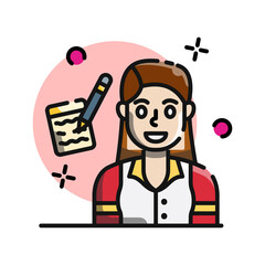 Stylized Cartoon Portrait of a Woman with Brown Hair Wearing a Red and White Vest Over a Yellow Collar Shirt Holding a Pen and Notepad on a Transparent Background