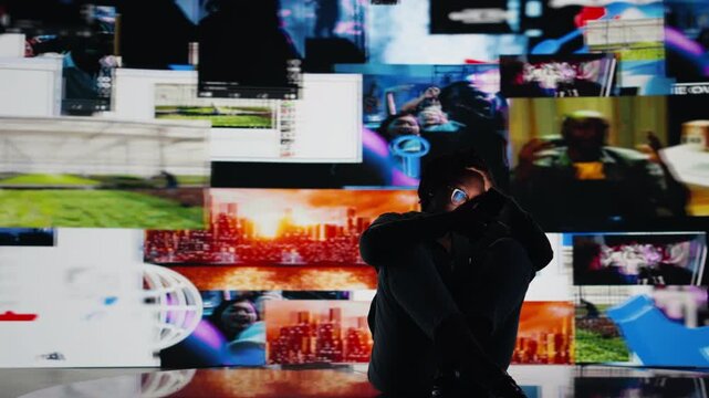 Person addicted to smartphone, looking at internet video channels, isolated over digital backdrop. African american woman enjoying metaverse video content on device, 360 degrees rotation, camera A