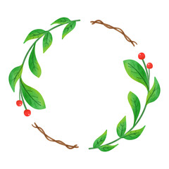 水彩で描いた緑の葉と赤い実のボタニカルフレーム