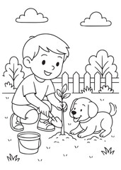 coloring book boy planting tree with dog in garden, outdoor eco activity illustration