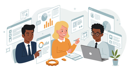 Diverse business team collaborating on a data analysis project.