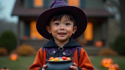 Portrait of little Asian boy in Halloween ghost costume holding bucket of candy while trick-or-treating. Concept of children's parties, holiday events, family celebrations.  - Powered by Adobe