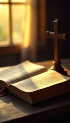 Open Bible and Cross in Soft Light A Symbolic Image of Christian Covenant and Faith
