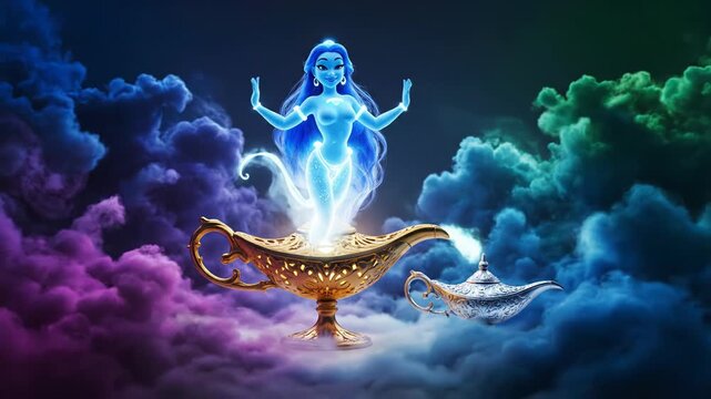 A glowing genie emerges from a lamp amidst colorful clouds.