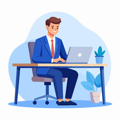 An illustration of a successful young businessman in a blue suit working cheerfully at his office computer
