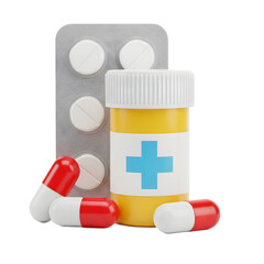 Pills and Prescription Bottle Displayed on White Background, Healthcare Medication Concept, Close-Up View
