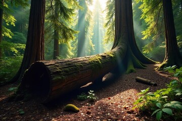 Majestic Redwoods Fall Sunlight Dapples Fallen Giant in Forest, Showing Natures Powerful Cycle of Decay and Renewal