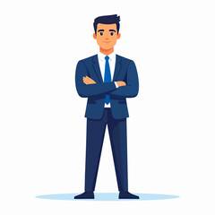 Obraz premium Smiling young businessman in navy suit with red tie standing confidently flat design vector illustration
