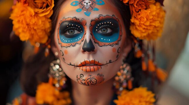 Dia de los muertos, Mexican holiday of the dead and halloween. Woman with sugar skull make up and flowers	