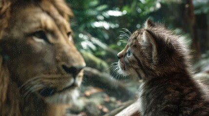 Naklejka premium Curious Kitten Meets Majestic Lion Through Glass at a Wildlife Sanctuary During a Sunny Afternoon