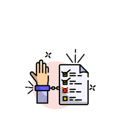 Stylized illustration of a cartoon hand chained to a document with a checklist and a red cross mark indicating a failed task or restriction on completion, isolated on a white background