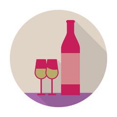 Stylized illustration of a pink bottle and two glasses filled with yellow liquid on a purple surface with a long shadow cast on a neutral background