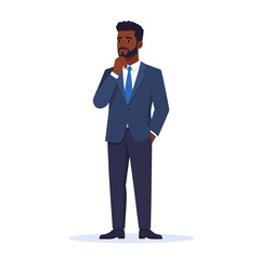 Obraz premium A sharply dressed individual, lost in deep thought, thoughtfully touches his chin, capturing a moment of strategic pondering.